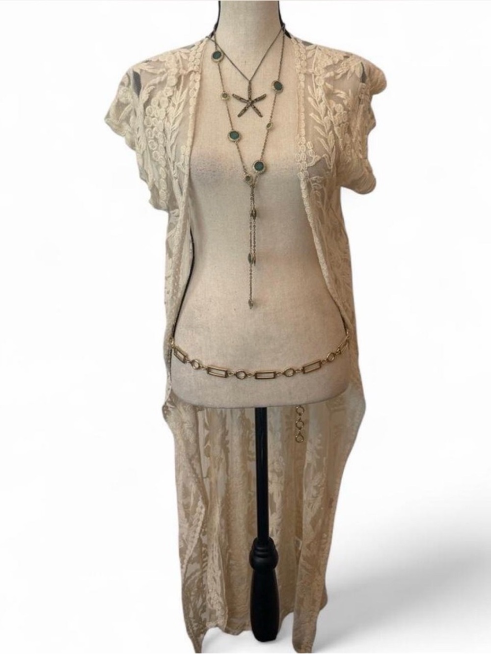 Sheer Embroidered Lace Open Front Duster in Cream